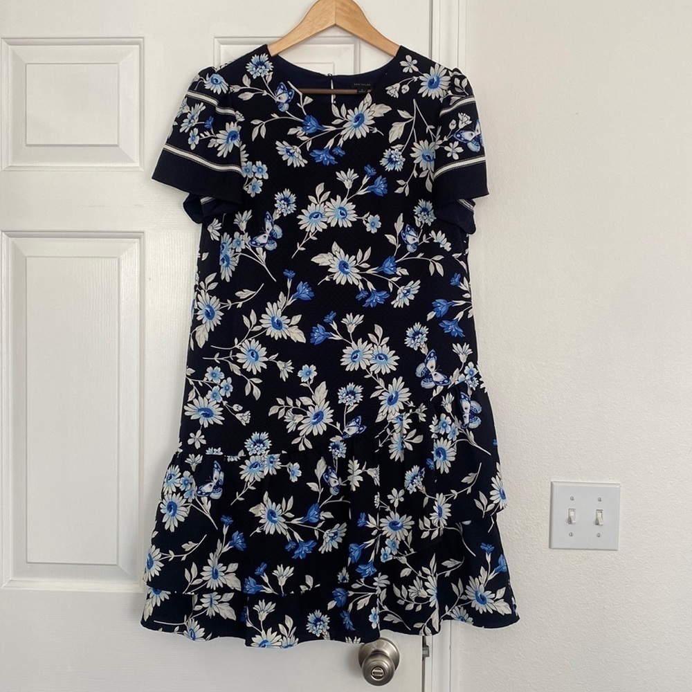 Ann Taylor NWOT shift dress with floral and butterfly pattern.